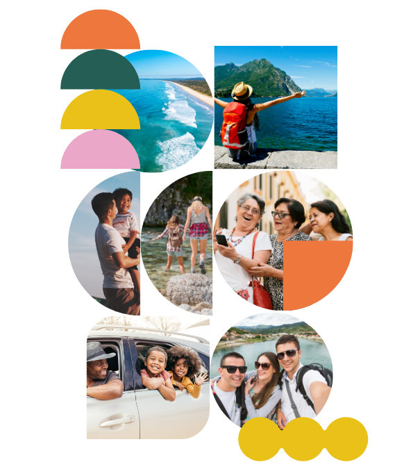 Collage of travelers: a family in a car, friends at an overlook, women laughing in a city street, and a group at a coastal viewpoint