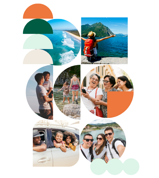 Collage of travelers: a family in a car, friends at an overlook, women laughing in a city street, and a group at a coastal viewpoint